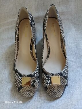 Cole Haan Women's Black and White Snake-Print Flats with Gold Accent